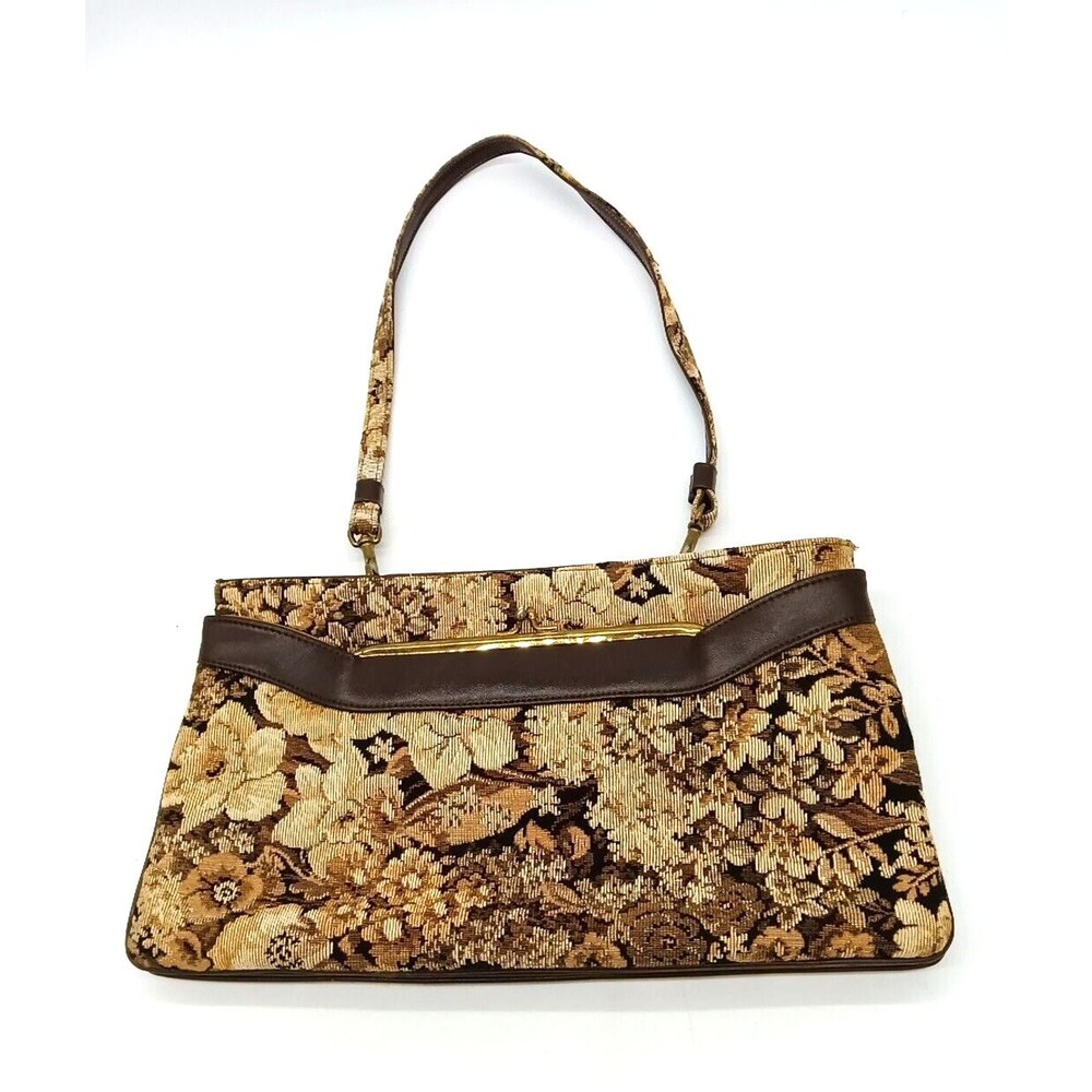Vintage Excel  Brown & Beige Floral Tapestry Handbag Purse with Leather Trim